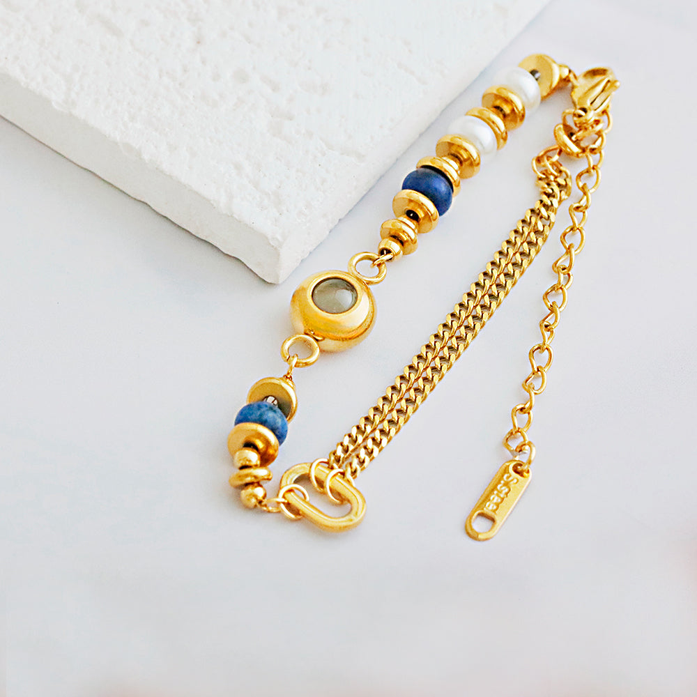 Custom Photo Projection Bracelet Vintage Luxury Natural Stone Bracelet 18K Gold Plated Stainless Steel Waterproof Bracelet Gift for Her