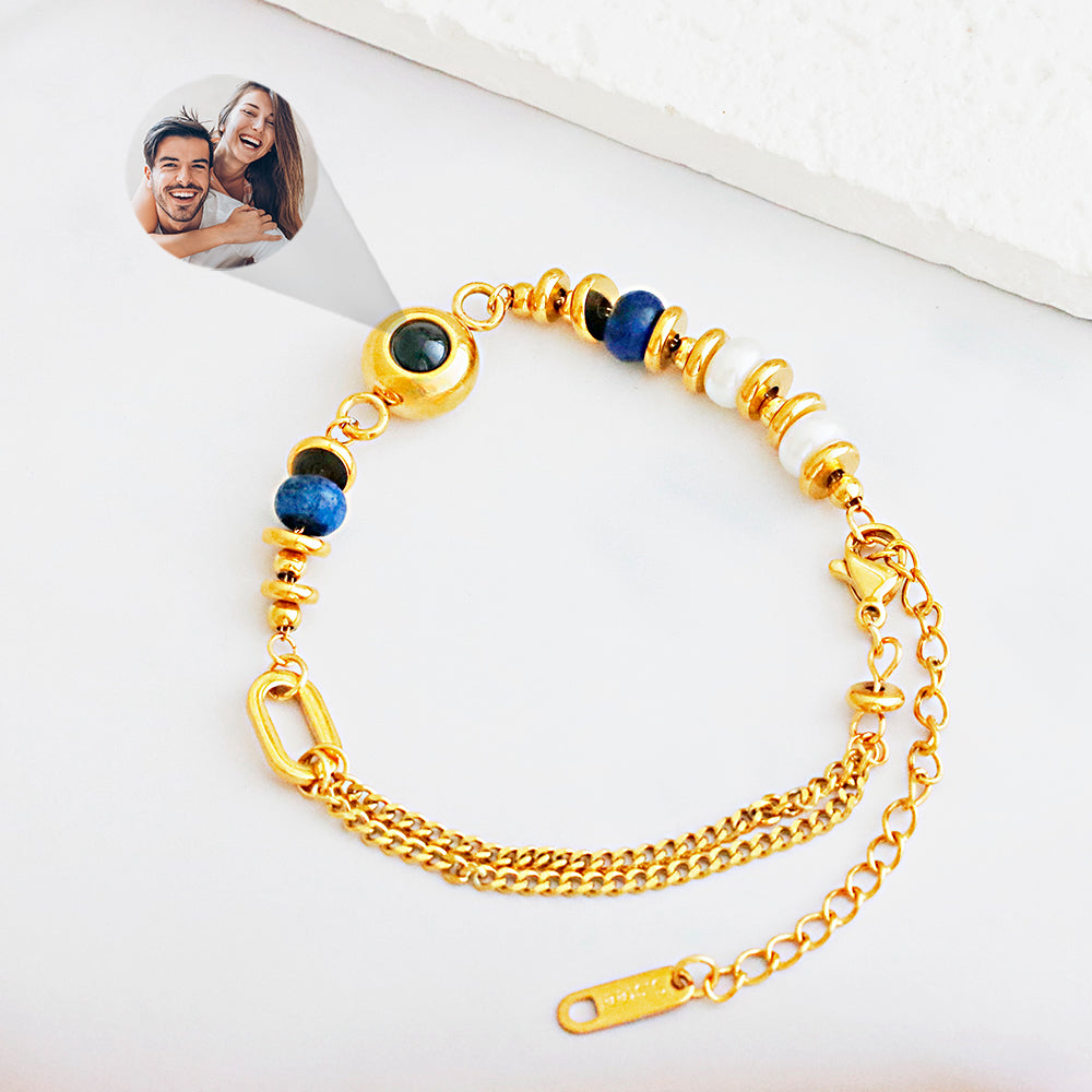 Custom Photo Projection Bracelet Vintage Luxury Natural Stone Bracelet 18K Gold Plated Stainless Steel Waterproof Bracelet Gift for Her
