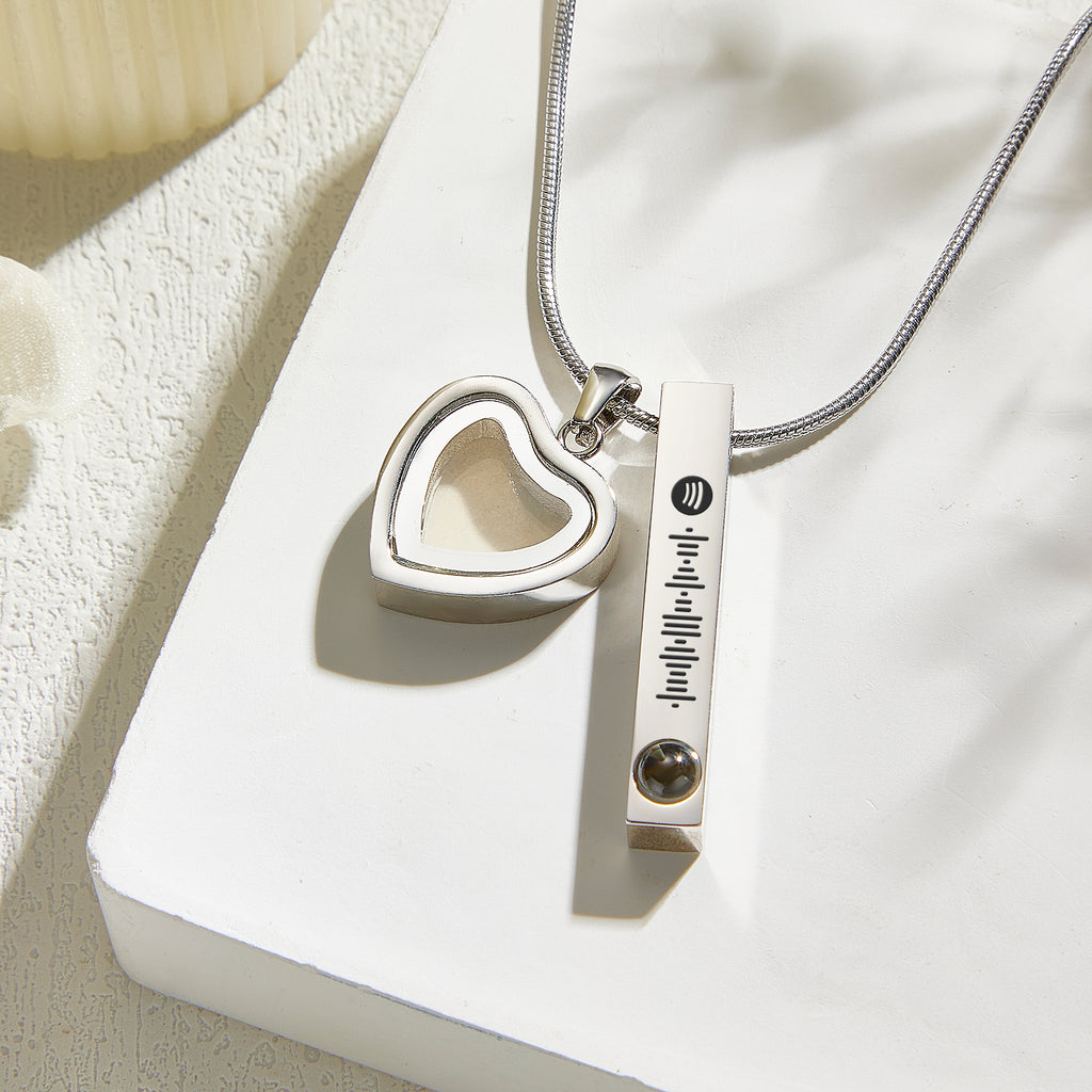 Pet Ashes Projection Necklace Spotify Code Necklace Glass Pendant Heart-Shaped Urn Necklace Custom Photo Stainless Steel Necklace For Pet Lover