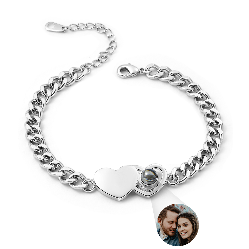Custom Bracelet Personalized Photo Projection Bracelet Heart-Shaped Cuban Chain Bracelet Best Christmas Gift For Couples