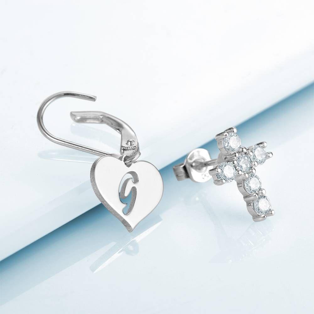 Initial Drop Earrings, Asymmetry Earrings Hollow Letter with Cross Platinum Plated - Silver