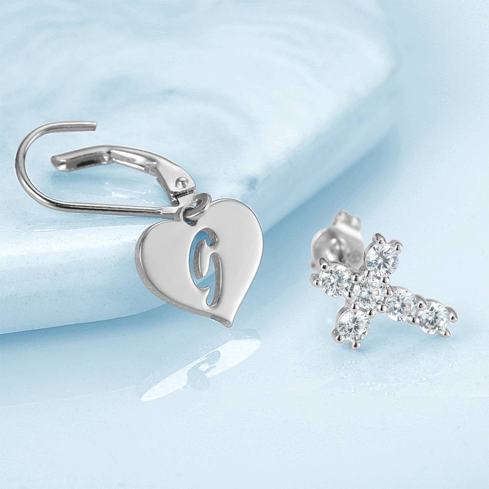 Initial Drop Earrings, Asymmetry Earrings Hollow Letter with Cross Platinum Plated - Silver