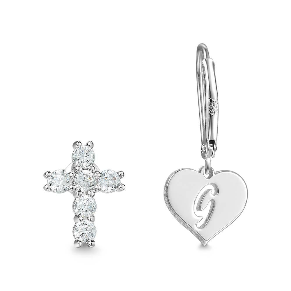 Initial Drop Earrings, Asymmetry Earrings Hollow Letter with Cross Platinum Plated - Silver