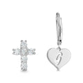 Initial Drop Earrings, Asymmetry Earrings Hollow Letter with Cross Platinum Plated - Silver