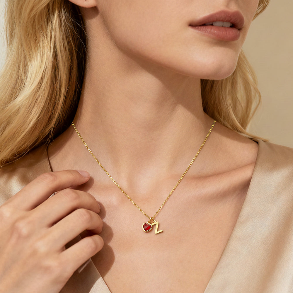 Custom Letter Heart-Shaped Birthstone Necklace Anniversary Birthday Christmas Gift for Her