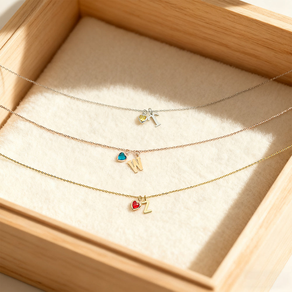 Custom Letter Heart-Shaped Birthstone Necklace Anniversary Birthday Christmas Gift for Her