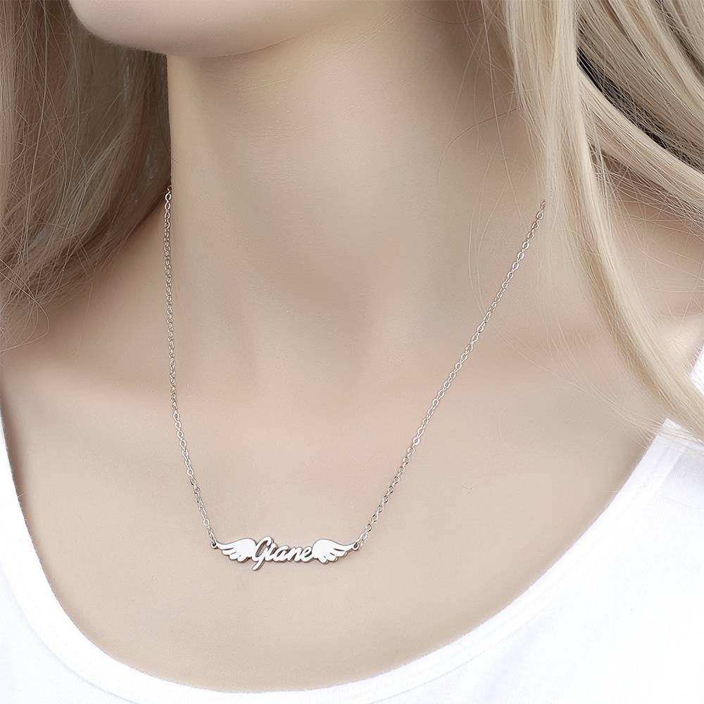 Name Necklace, Personalized Angel Wings Necklace Platinum Plated - Silver