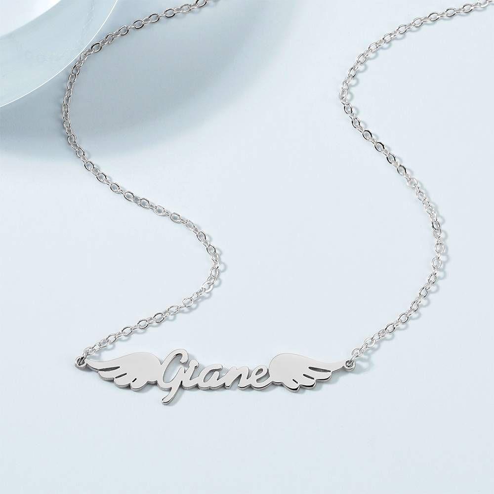 Name Necklace, Personalized Angel Wings Necklace Platinum Plated - Silver