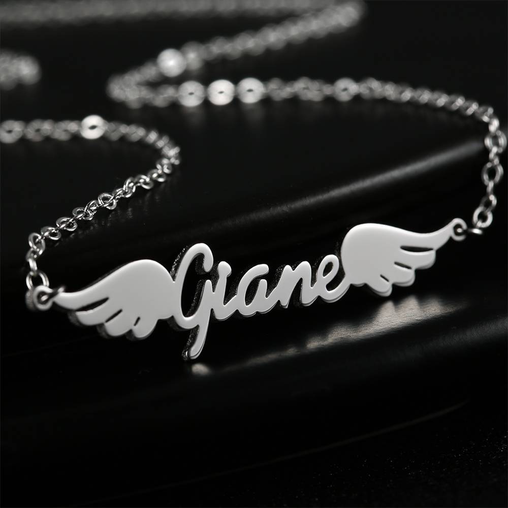 Name Necklace, Personalized Angel Wings Necklace Platinum Plated - Silver
