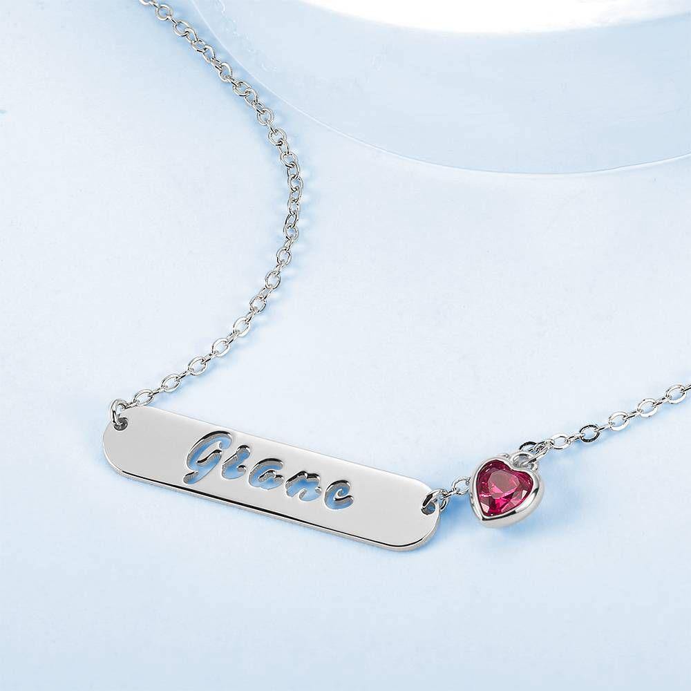 Hollow Carved Bar Name Necklace with Custom Birthstone, Unique Gift Platinum Plated - Silver