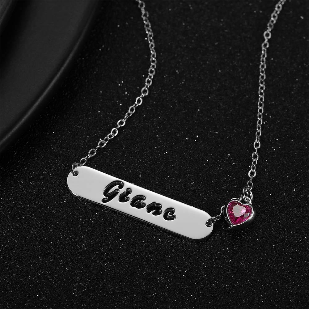 Hollow Carved Bar Name Necklace with Custom Birthstone, Unique Gift Platinum Plated - Silver