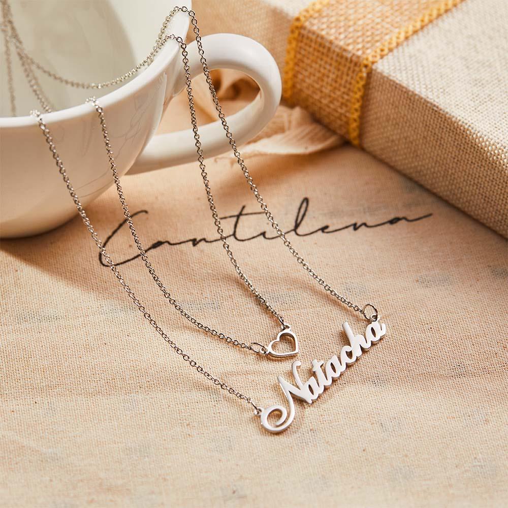 "Give My Heart To You" Personalized Heart Double Chain Name Necklace Unique Gift for Girlfriend
