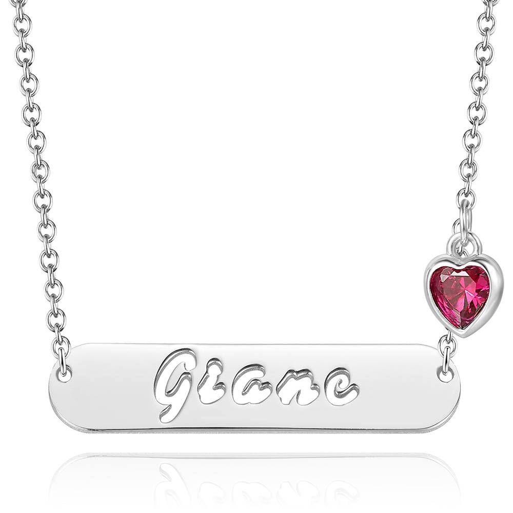 Hollow Carved Bar Name Necklace with Custom Birthstone, Unique Gift Platinum Plated - Silver