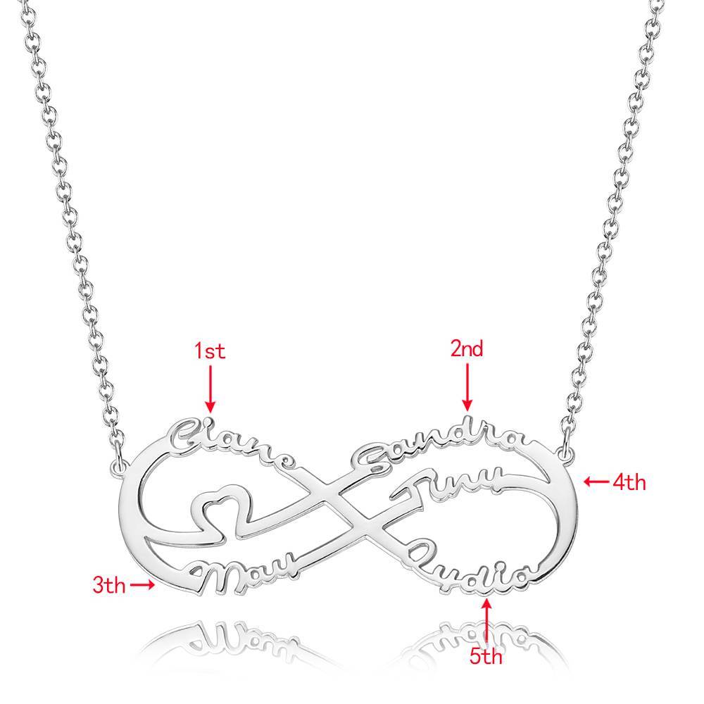 Infinity Necklace with Five Names, Name Necklace - Silver