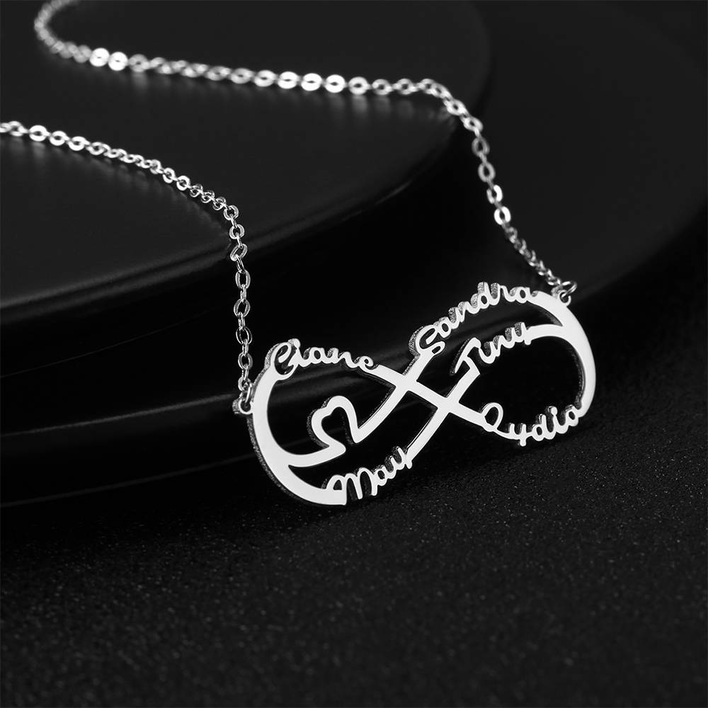 Infinity Necklace with Five Names, Name Necklace - Silver