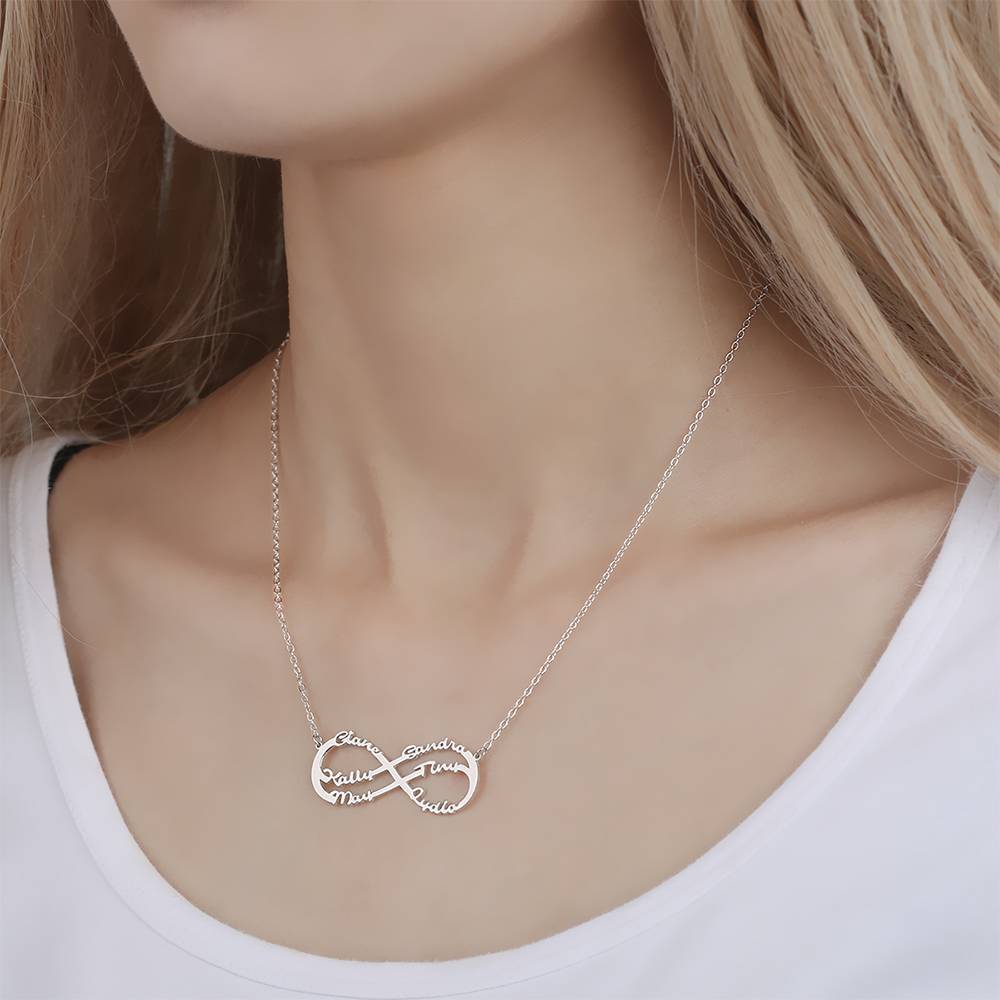 Infinity Necklace with Six Names, Name Necklace - Silver