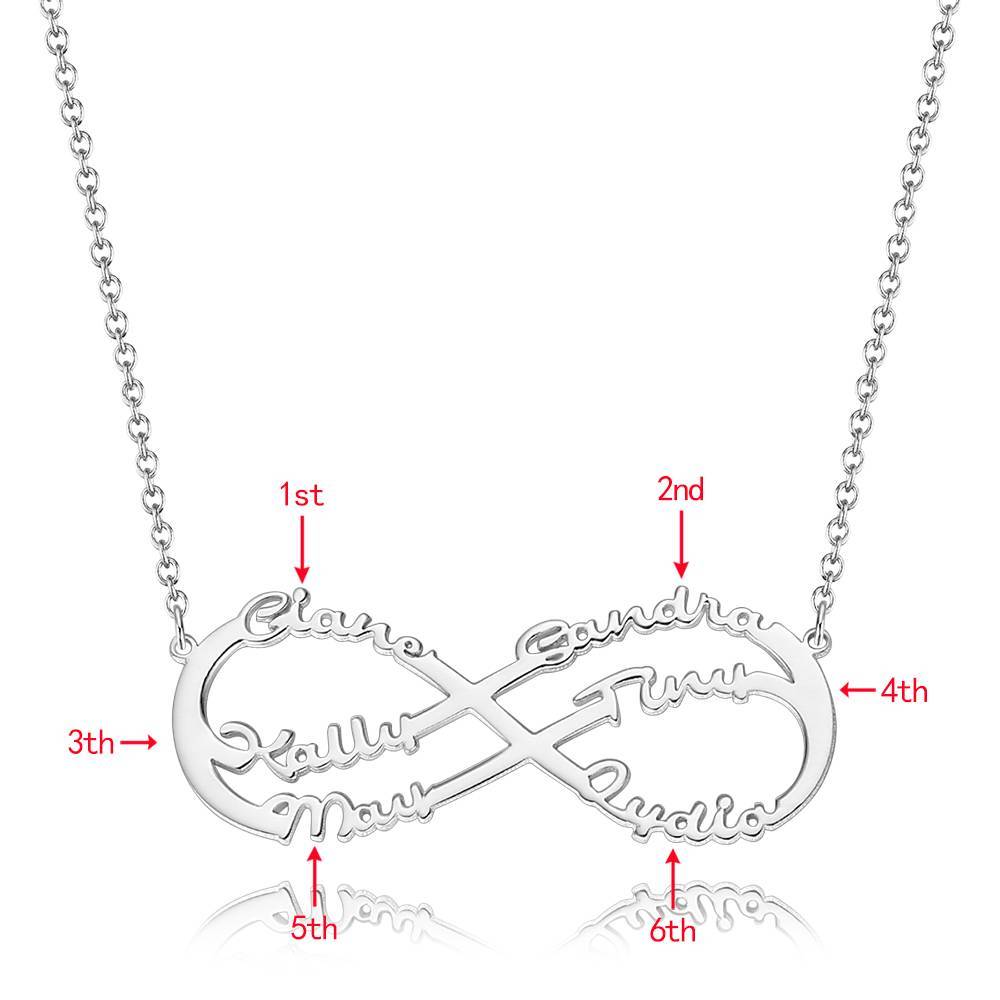 Infinity Necklace with Six Names, Name Necklace - Silver