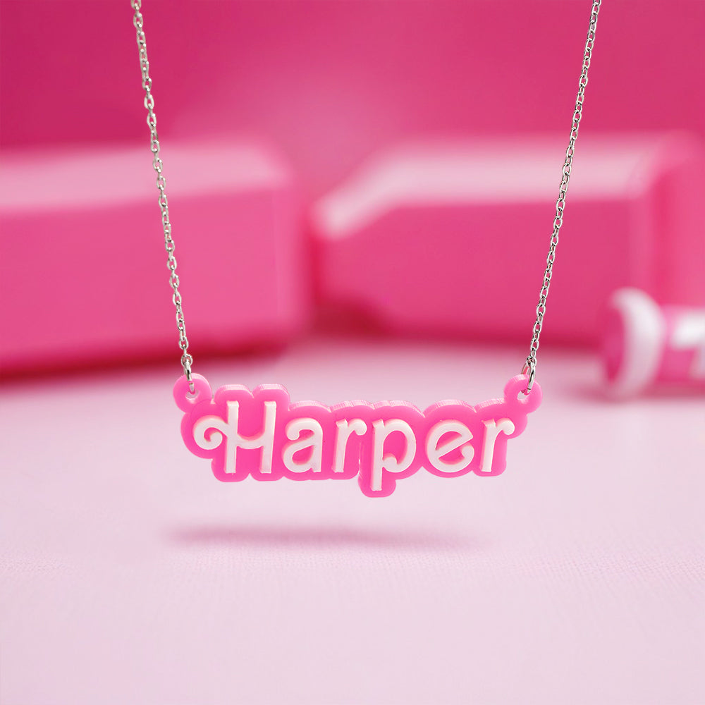 Personalized Pink and White Barbi Doll Acrylic Necklace with Name Christmas Birthday Valentine's Day Gift for Her