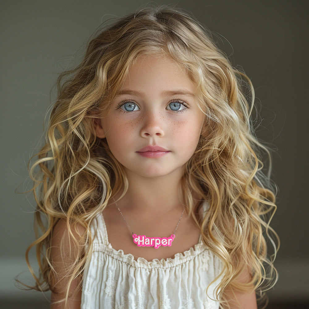 Personalized Pink and White Barbi Doll Acrylic Necklace with Name Christmas Birthday Valentine's Day Gift for Her