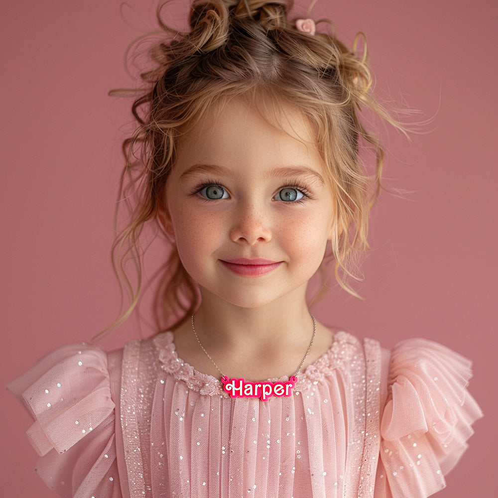 Personalized Pink and White Barbi Doll Acrylic Necklace with Name Christmas Birthday Valentine's Day Gift for Her