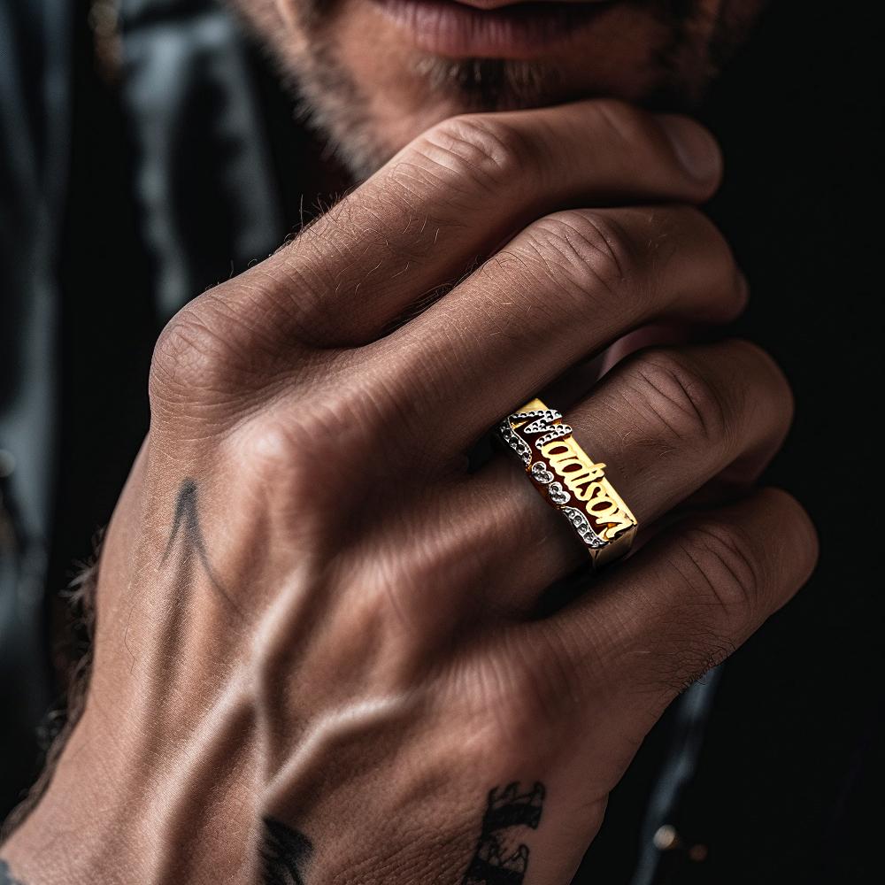 Personalized Hip Hop Name Ring With Double Hearts Initial Ring Jewelry Gift for Men Women