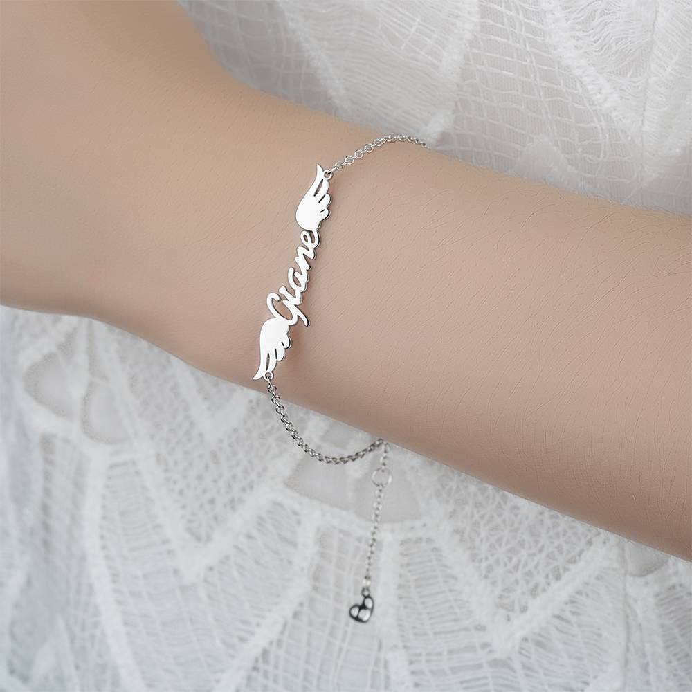 Name Bracelet, Personalized Angel Wings Bracelet Platinum Plated - Silver
