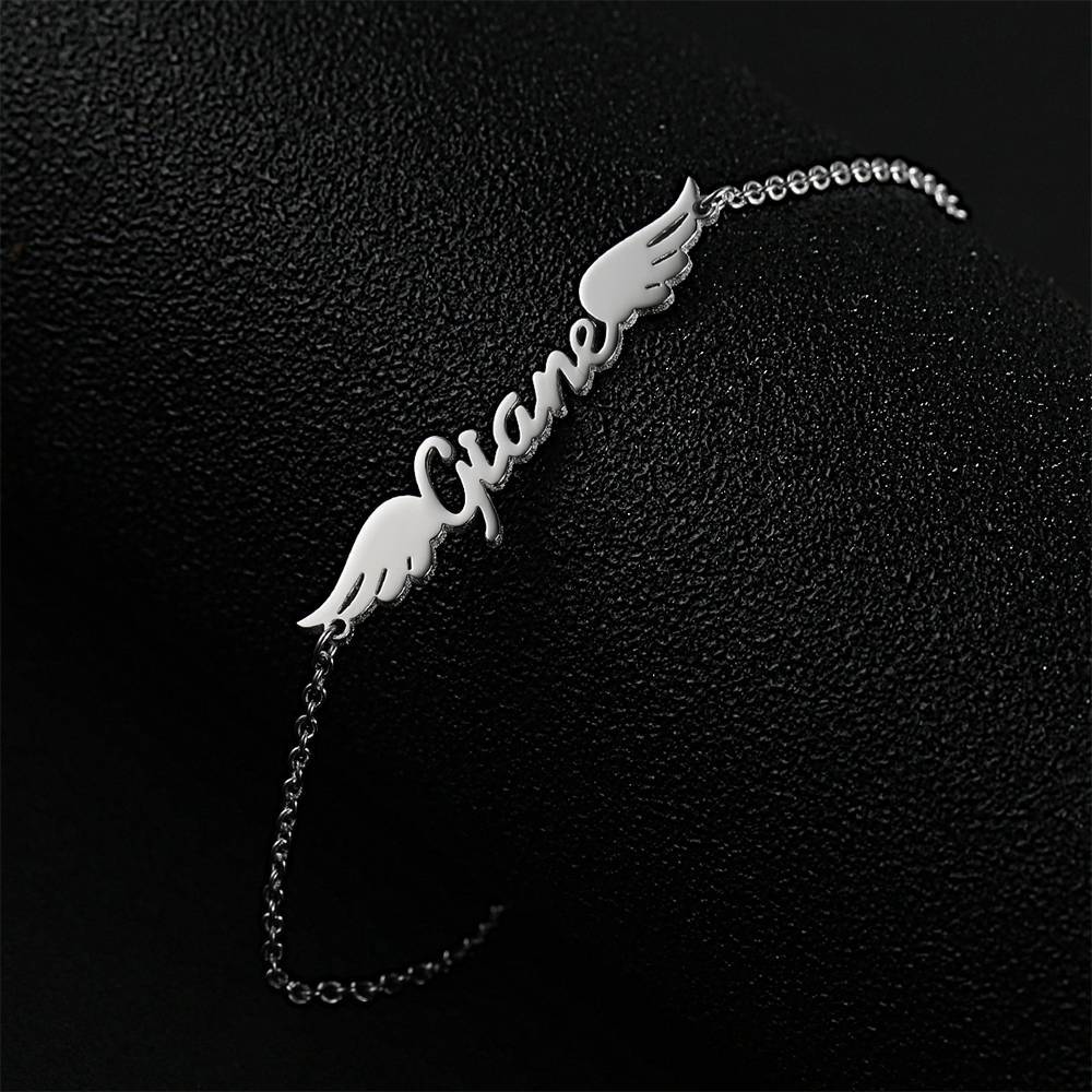 Name Bracelet, Personalized Angel Wings Bracelet Platinum Plated - Silver