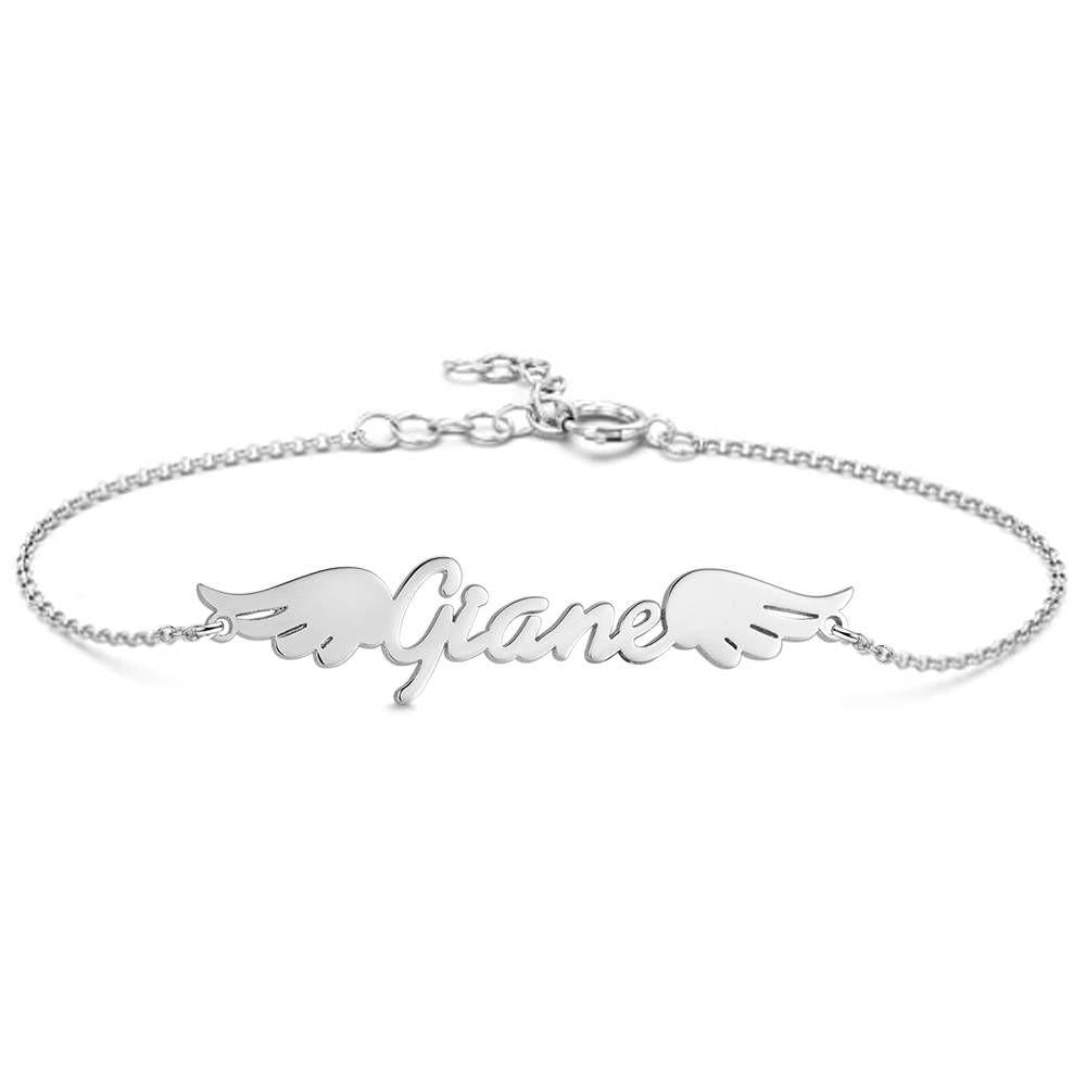 Name Bracelet, Personalized Angel Wings Bracelet Platinum Plated - Silver