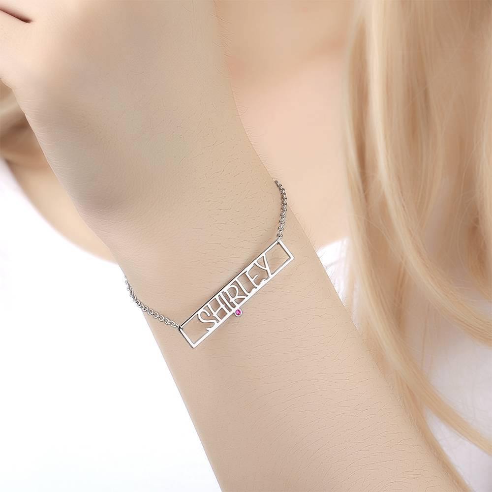 Hollow Carved Bar Name Bracelet with Custom Birthstone Platinum Plated - Silver