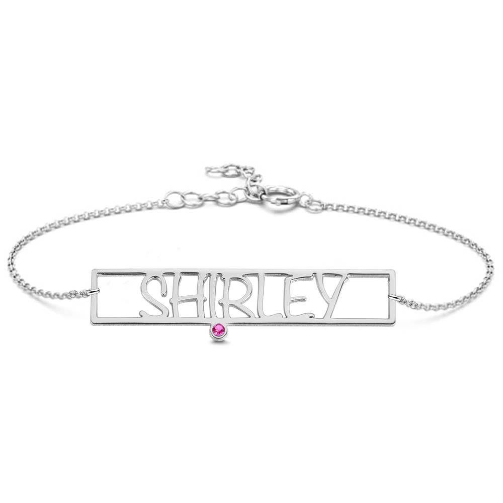 Hollow Carved Bar Name Bracelet with Custom Birthstone Rose Gold Plated