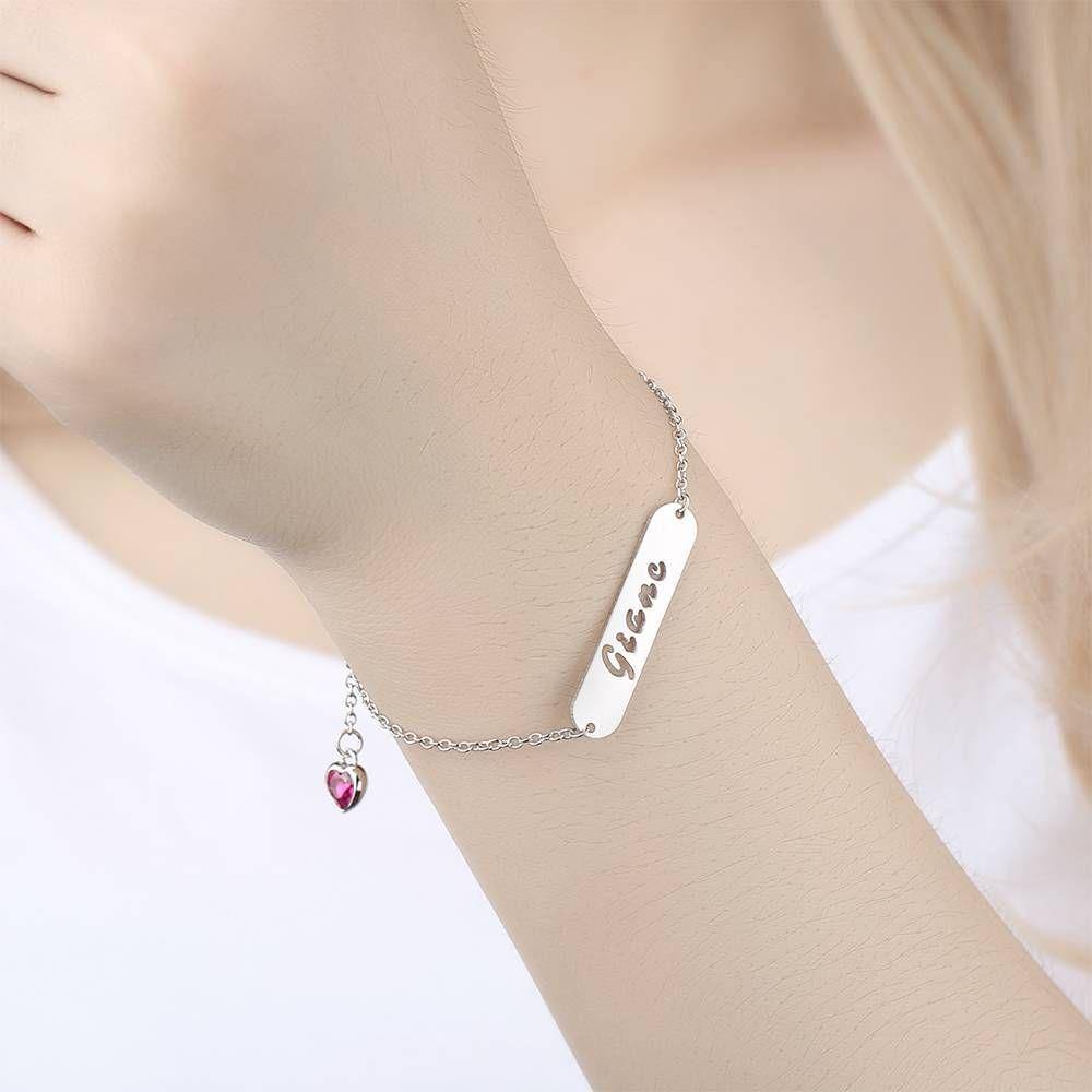 Hollow Carved Bar Name Bracelet with Custom Birthstone, Unique Gift Platinum Plated - Silver