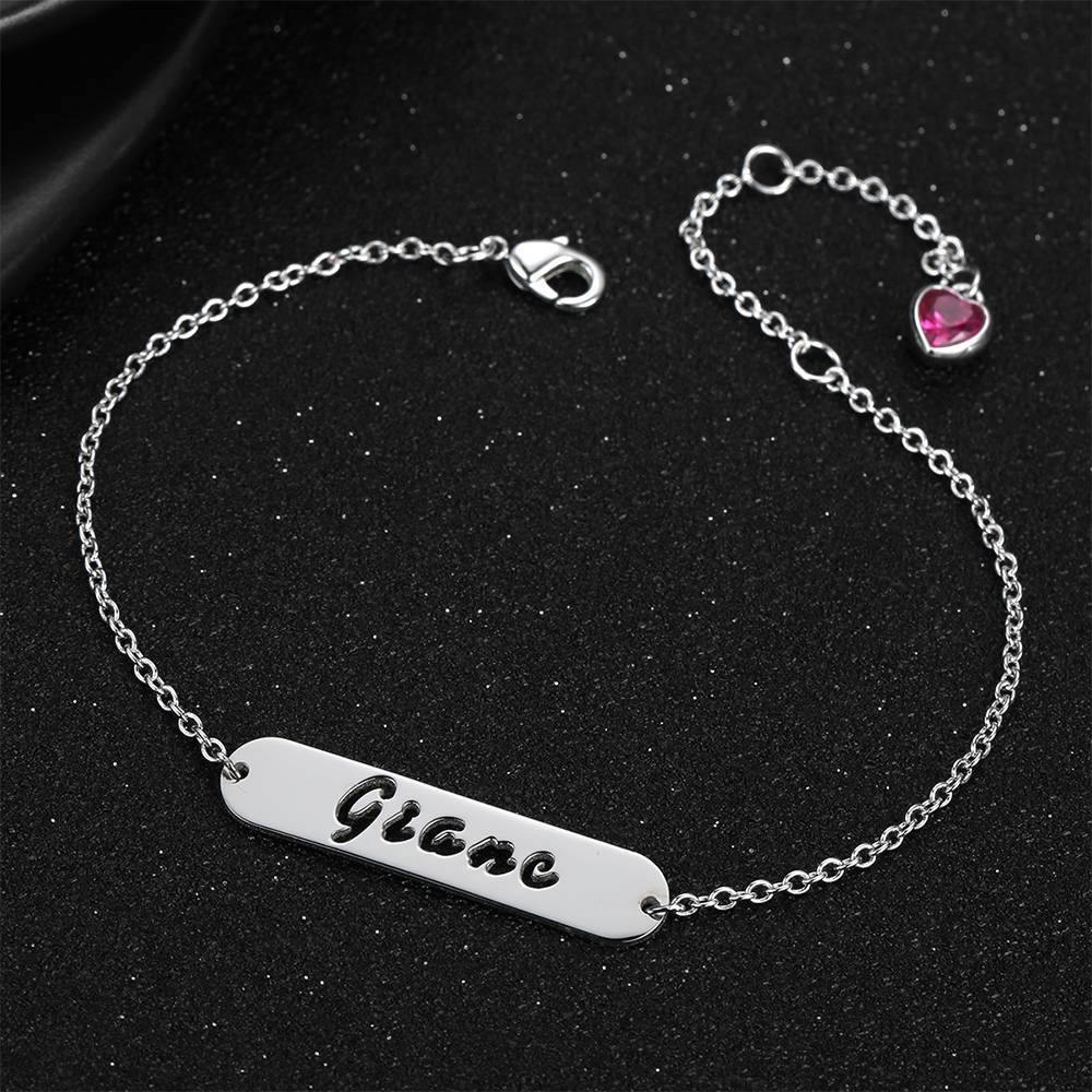 Hollow Carved Bar Name Bracelet with Custom Birthstone, Unique Gift Platinum Plated - Silver