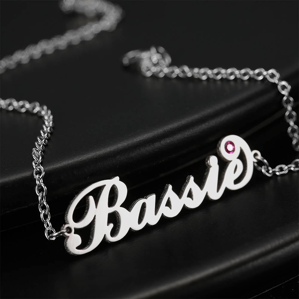 Personalized Name Bracelet with Custom Birthstone, Birthday Gift Platinum Plated - Silver