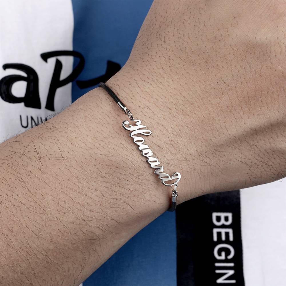 Men's Leather Bracelet Personalized Name Bracelet, Any Name Bracelet Platinum Plated Silver - Men
