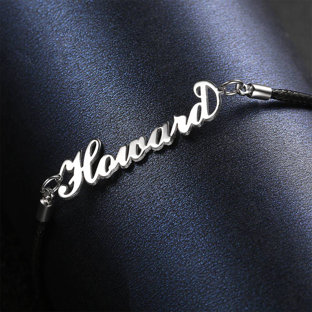 Men's Leather Bracelet Personalized Name Bracelet, Any Name Bracelet Platinum Plated Silver - Men