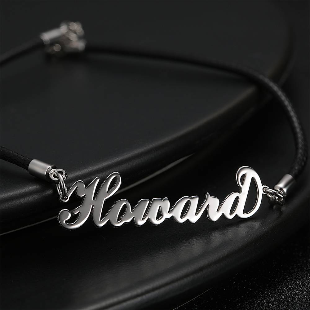 Men's Leather Bracelet Personalized Name Bracelet, Any Name Bracelet Platinum Plated Silver - Men