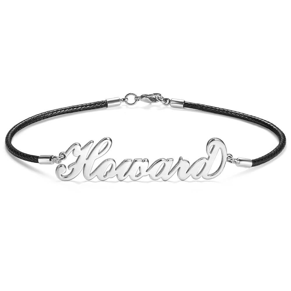 Men's Leather Bracelet Personalized Name Bracelet, Any Name Bracelet Platinum Plated Silver - Men