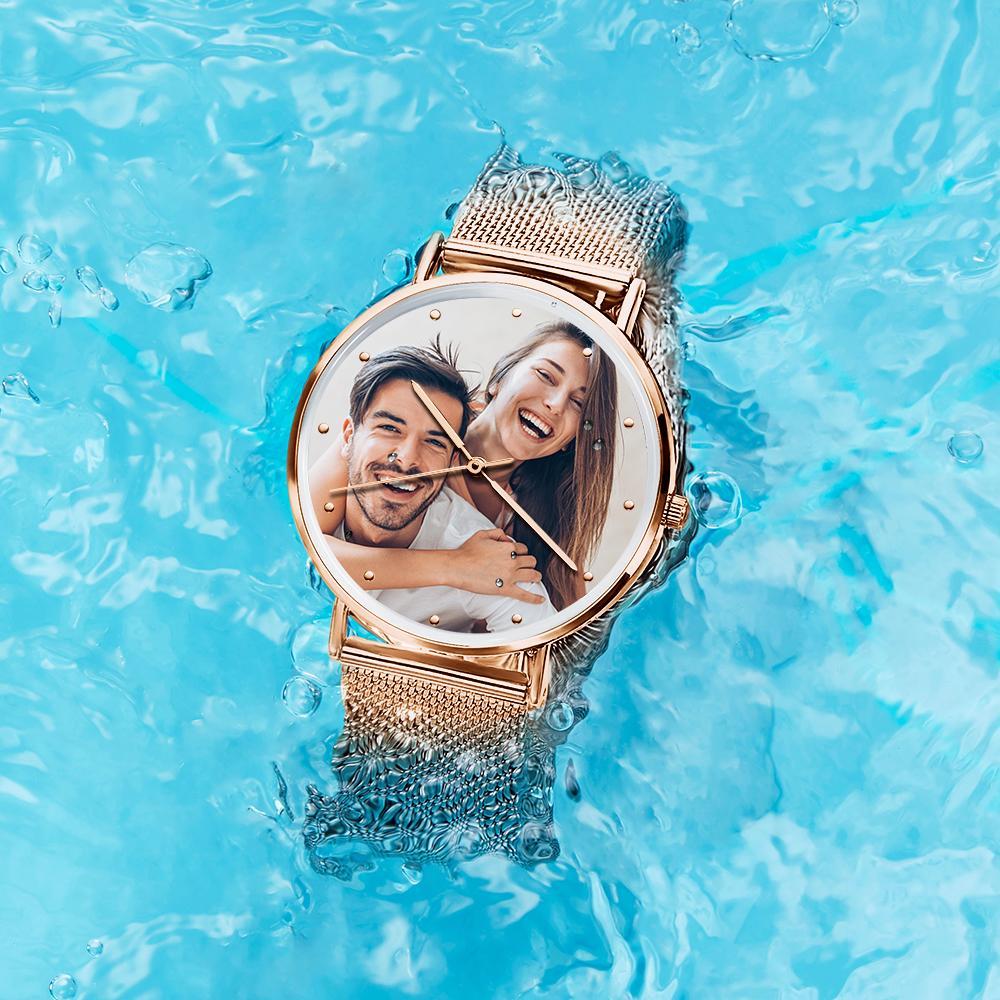 Unisex Engraved Rose Gold Alloy Bracelet Photo Watch 40mm