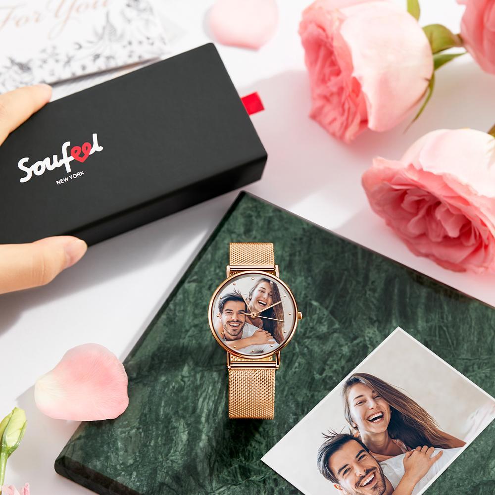 Unisex Engraved Rose Gold Alloy Bracelet Photo Watch 40mm