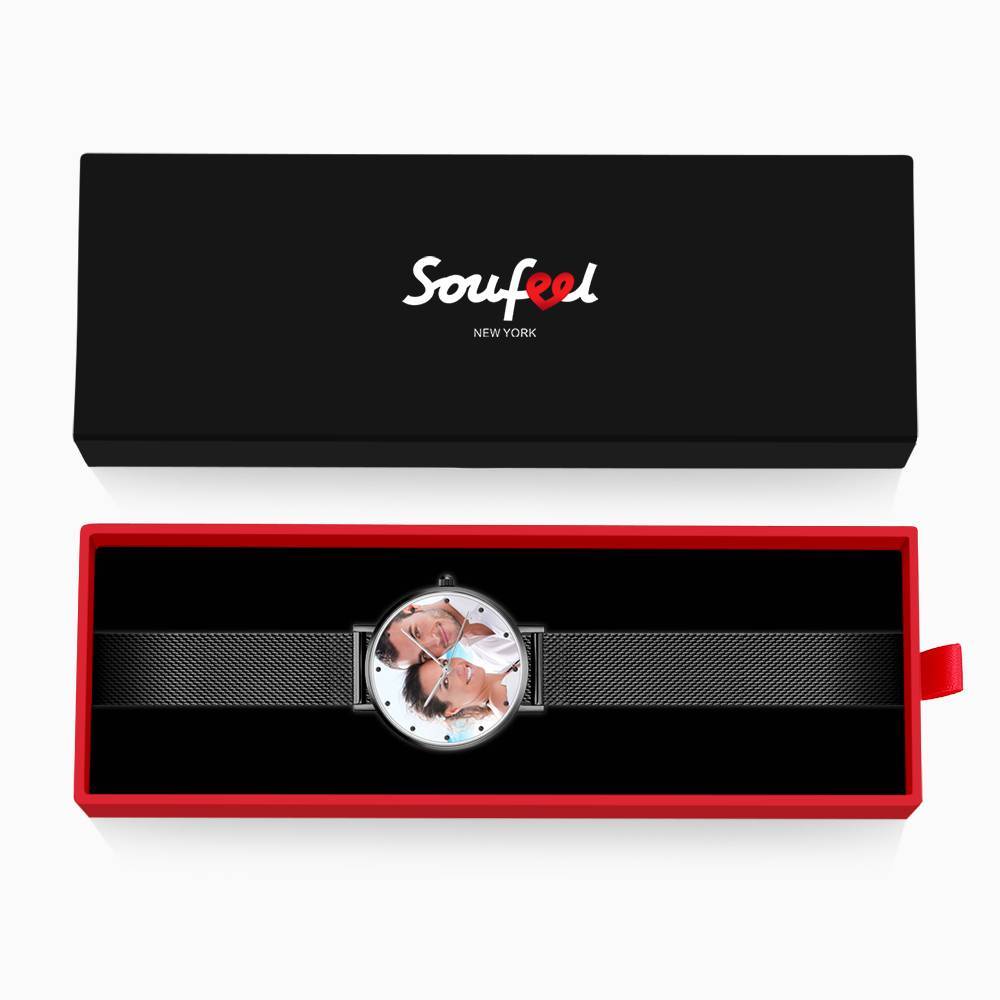 Engraved Men's Black Alloy Bracelet Photo Watch 40mm