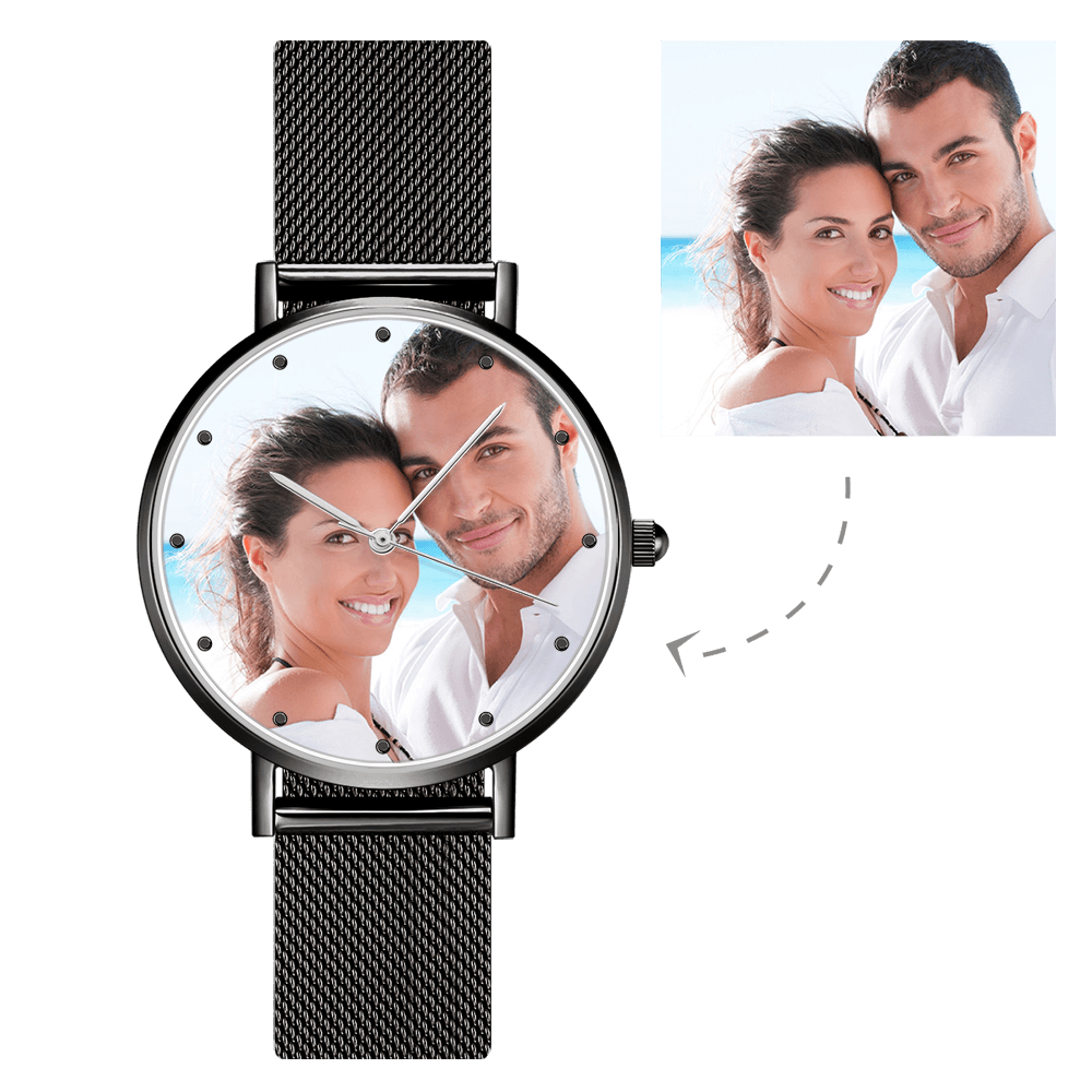 Engraved Men's Black Alloy Bracelet Photo Watch 40mm