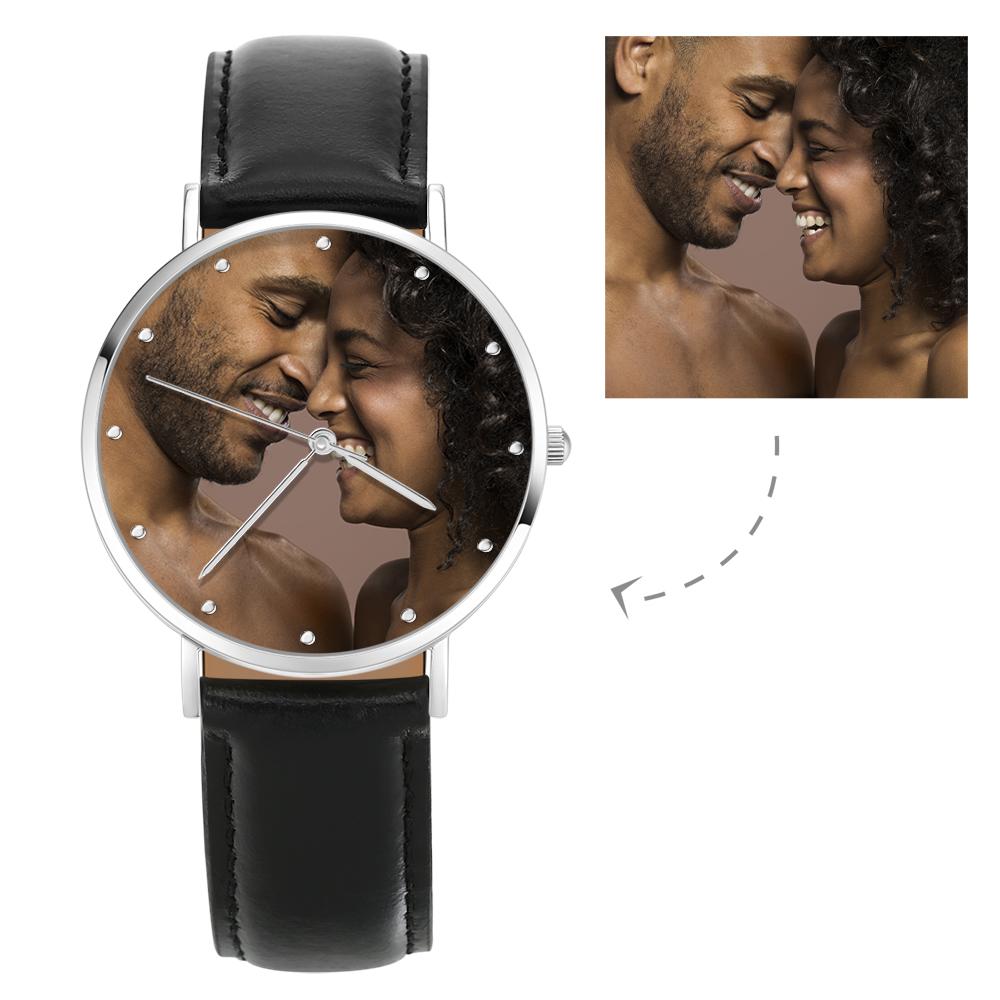Unisex Engraved Photo Watch Black Leather Strap 40mm Memorial Valentine's Day Gift