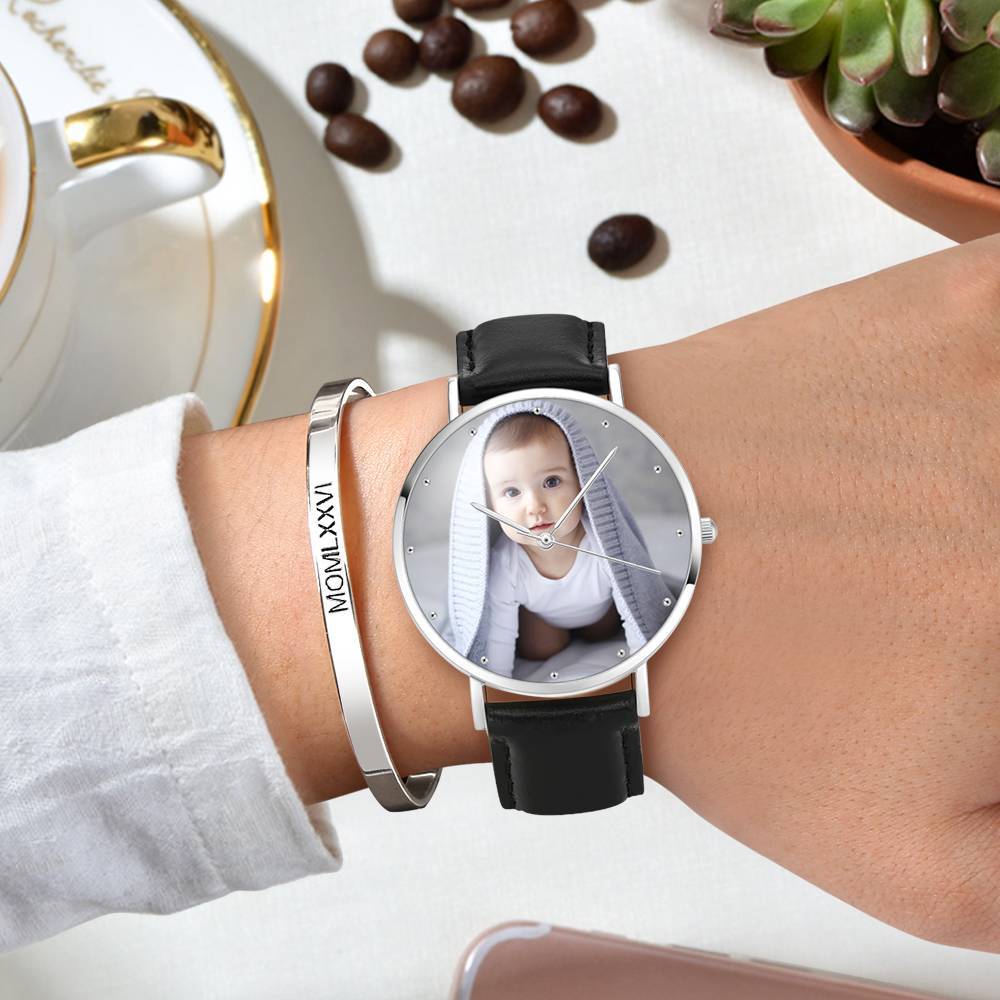 Unisex Engraved Photo Watch Black Leather Strap 40mm Memorial Gift For Her