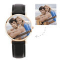 Unisex Engraved Rose Goldtone Photo Watch Black Leather Strap 40mm