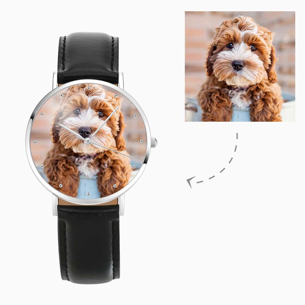 Engraved Photo Watch Black Leather Strap The Little Puff