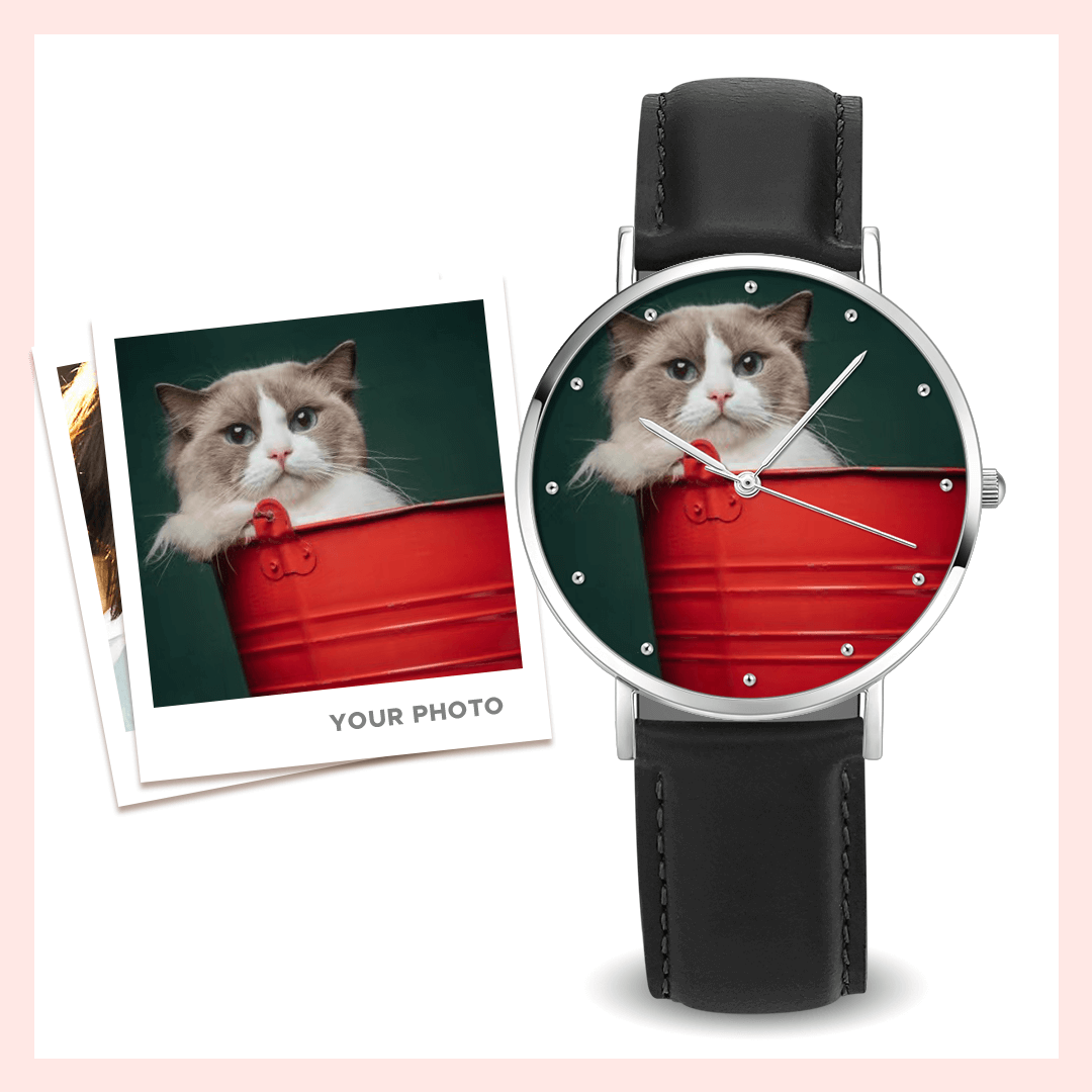 Engraved Photo Watch Black Leather Strap The Little Puff