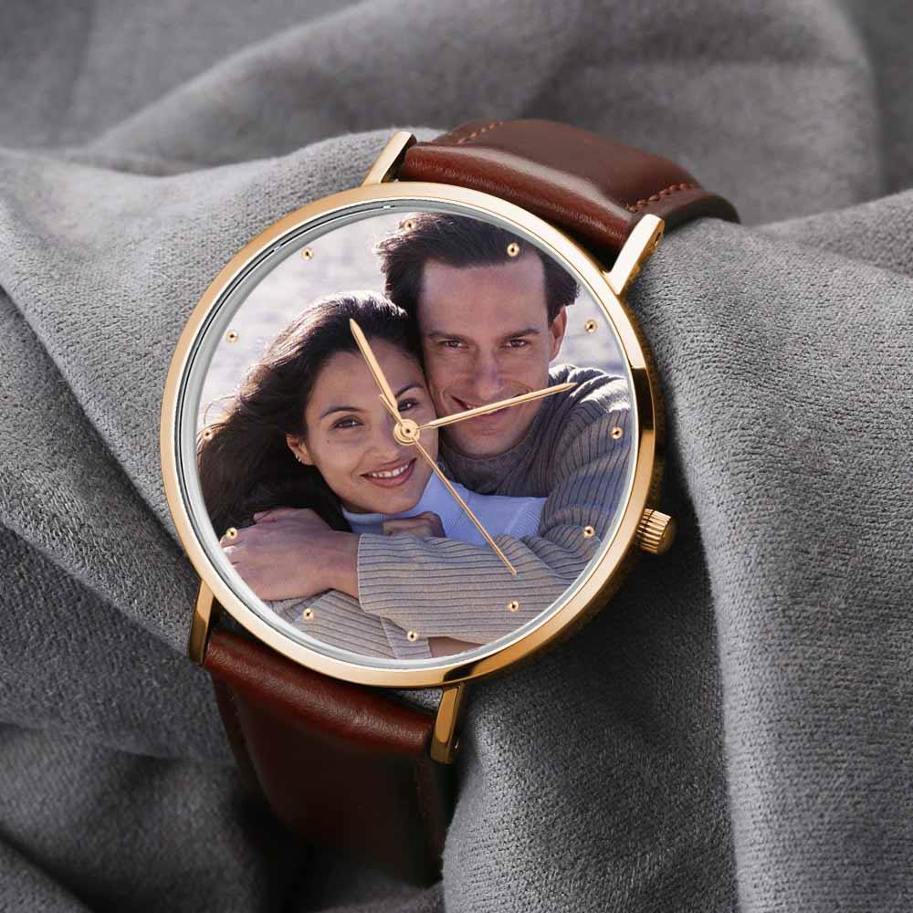 Unisex Engraved Rose Goldtone Photo Watch Brown Leather Strap 40mm
