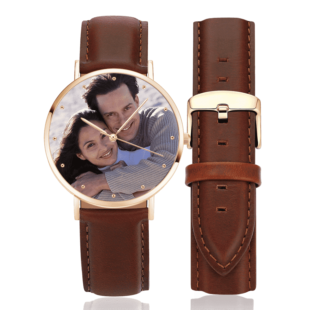 Unisex Engraved Rose Goldtone Photo Watch Brown Leather Strap 40mm