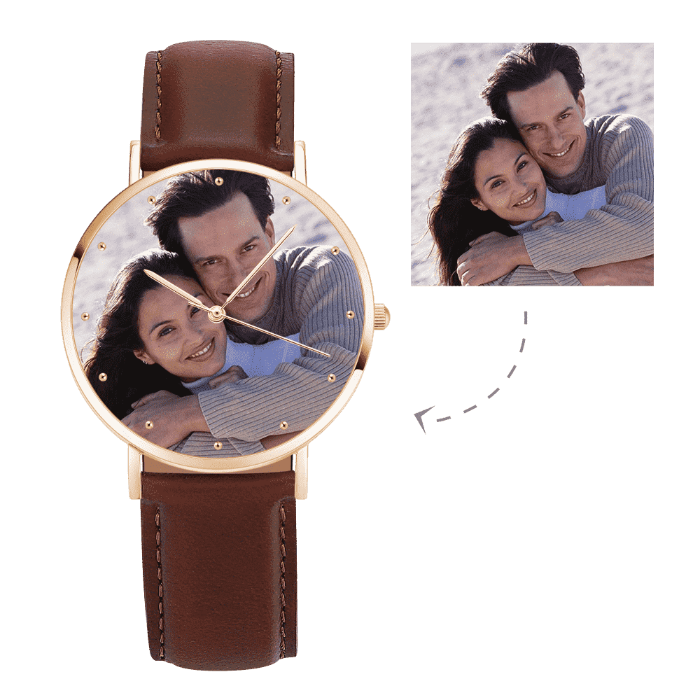 Women's Engraved Rose Goldtone Photo Watch Red Leather Strap 40mm