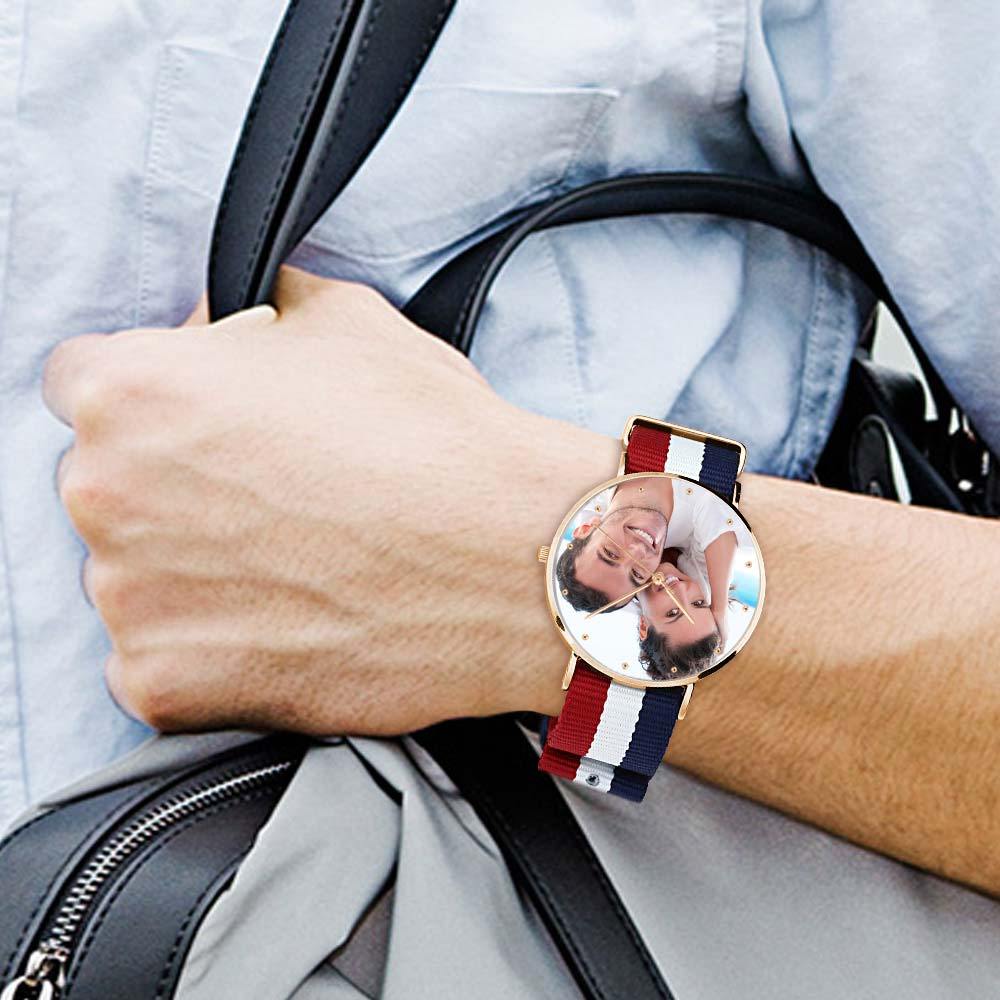 Unisex Engraved Rose Goldtone Photo Watch Color Nylon Strap 40mm